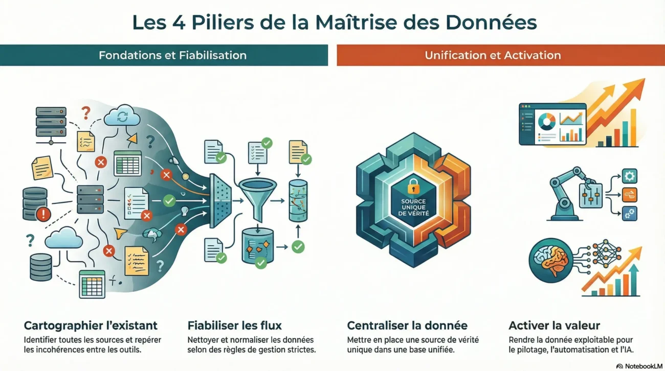 Agence Data experte en gestion et structuration des données - 4 méthodes de la maitrise des données - infographie