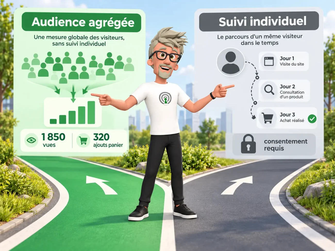 Deux voies, deux parcours visiteurs - 1 - Franck Scandolera le Web Analyste Digital Omnibus : quels impacts sur l’Analytics, Data et l’IA ?