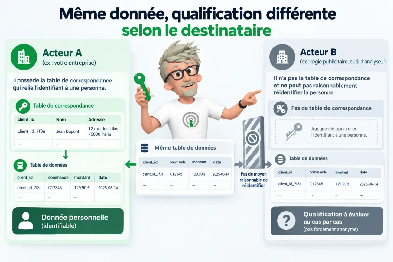 Même donnée, qualifications différentes - 5 - la pseudonymisation dépend de qui détient quoi - Franck Scandolera Digital Omnibus : quels impacts sur l’Analytics, Data et l’IA ?